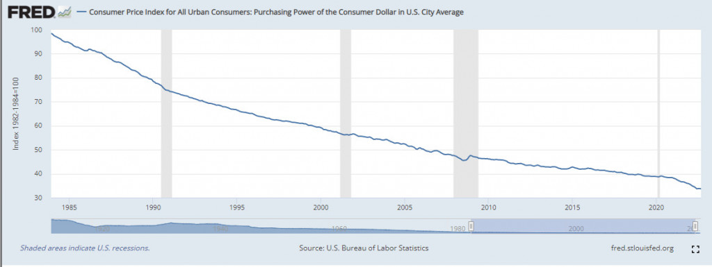 The severe effect of inflation on $1 over the years. Notice the declining value of 1 dollar.