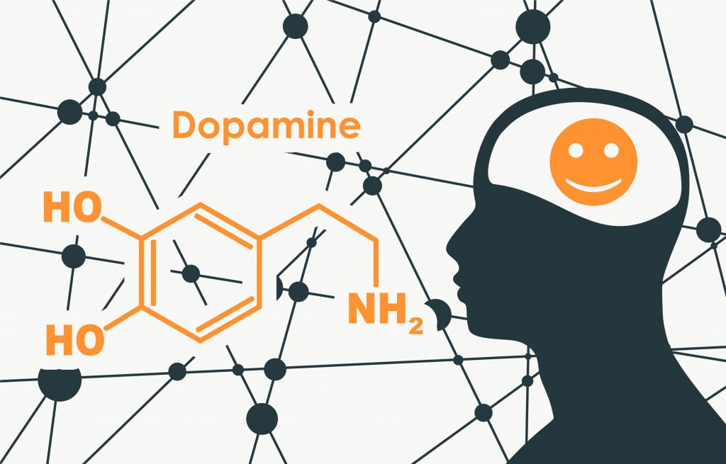 Chemical molecular formula hormone dopamine. Silhouette of a man head. Connected lines with dots background