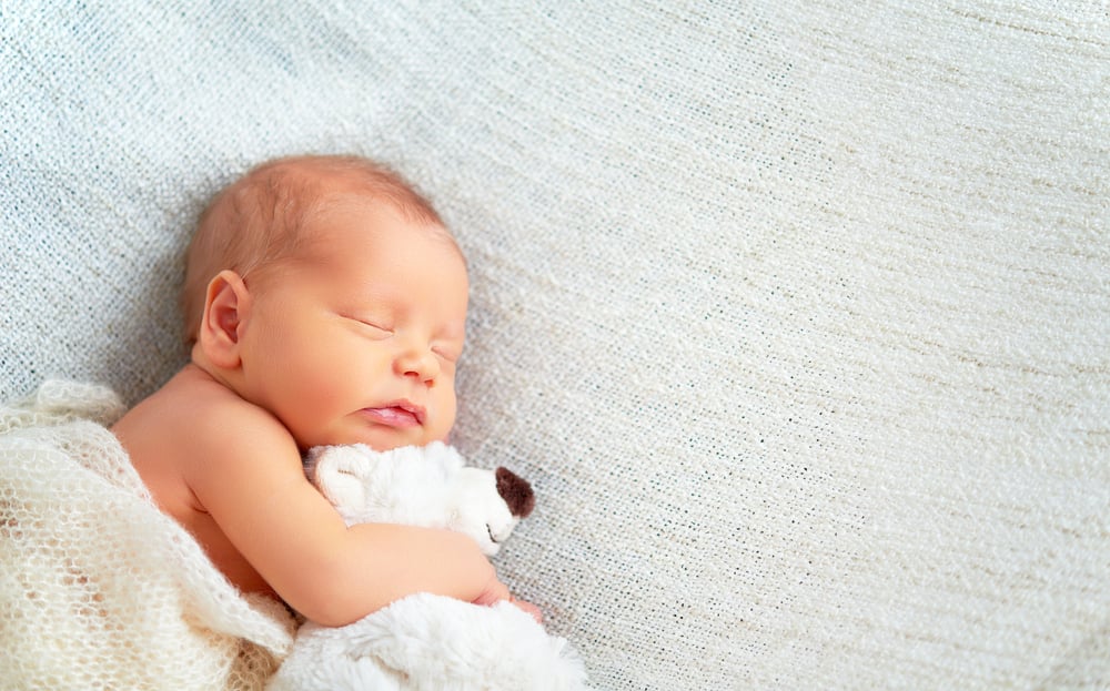 Cute,Newborn,Baby,Sleeps,With,A,Toy,Teddy,Bear,White