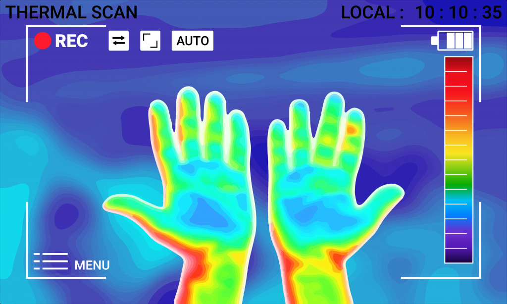 Vector illustratie van de afbeelding van de afbeelding Escaneo de las Manos en de sobre fondo borroso.  Espectro Elektromagnetische.
