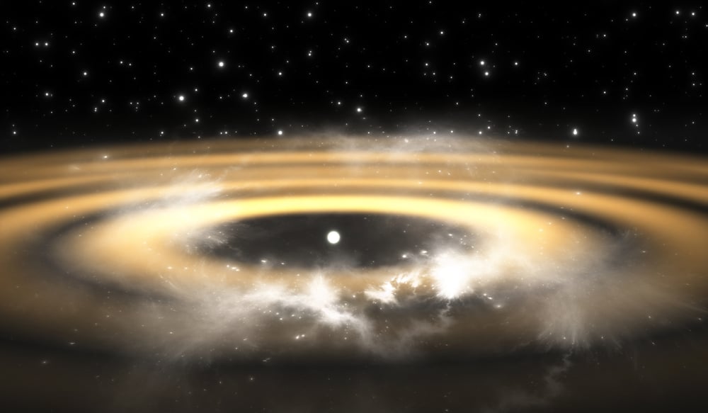 Protoplanetary disk. Rings around young star suggest planet formation in progress, illustration