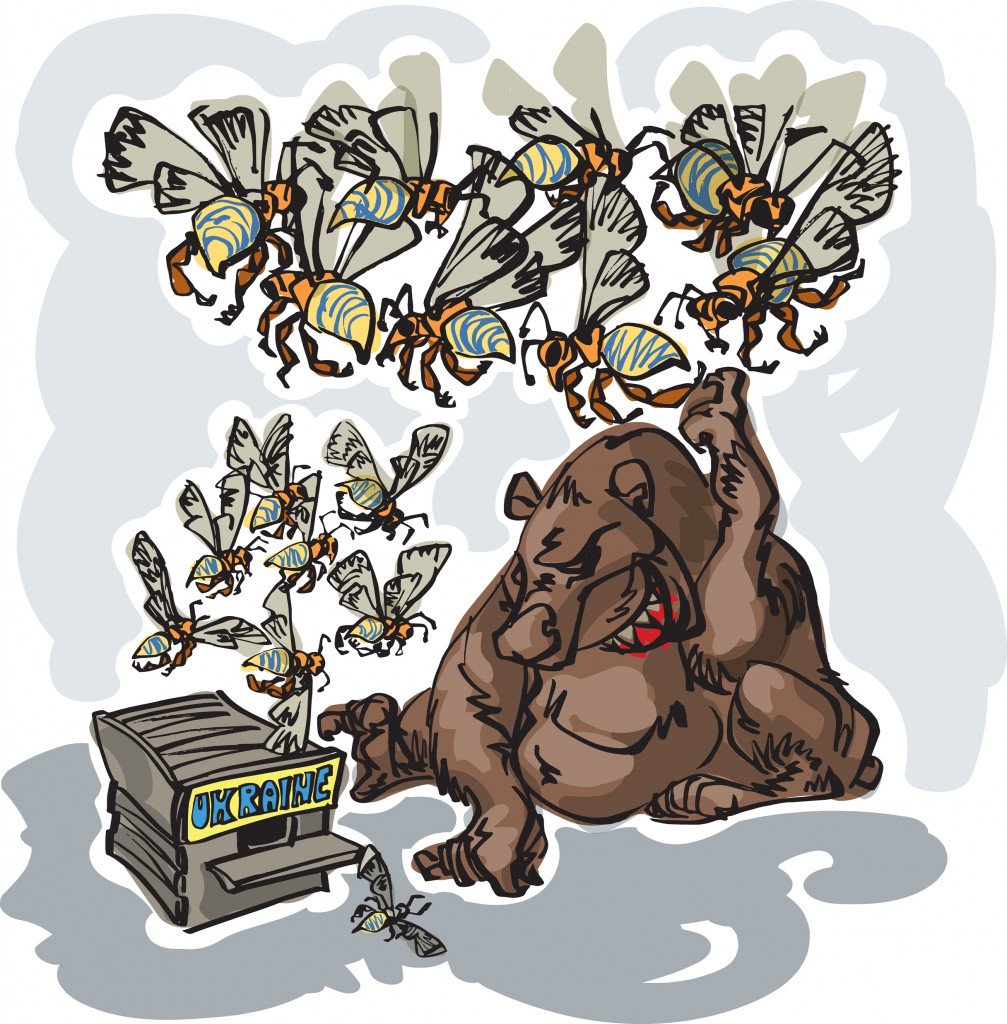 Russian bear attacking the Ukrainian bee hive, political cartoon