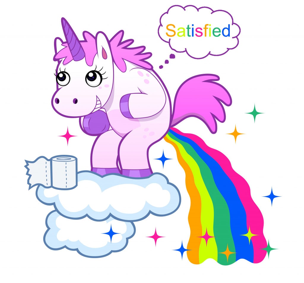 Smiling unicorn pooping a rainbow on the sky