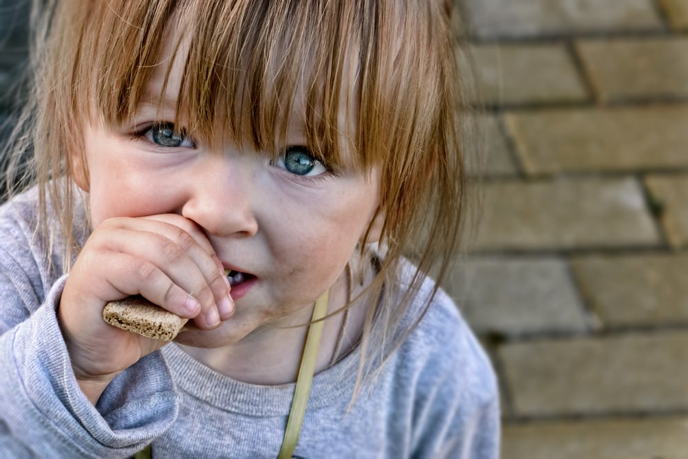 Hungry,Child,With,Big,Clear,Eyes,Eating,Bread,And,Impressively