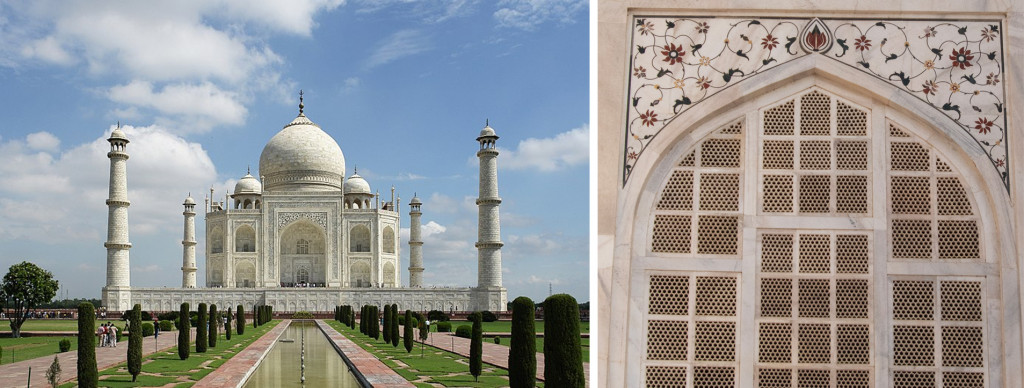 The main door (Left) is one of the many parts of the Taj Mahal (Right) that has perforated screens or Jalis to cool down hot air