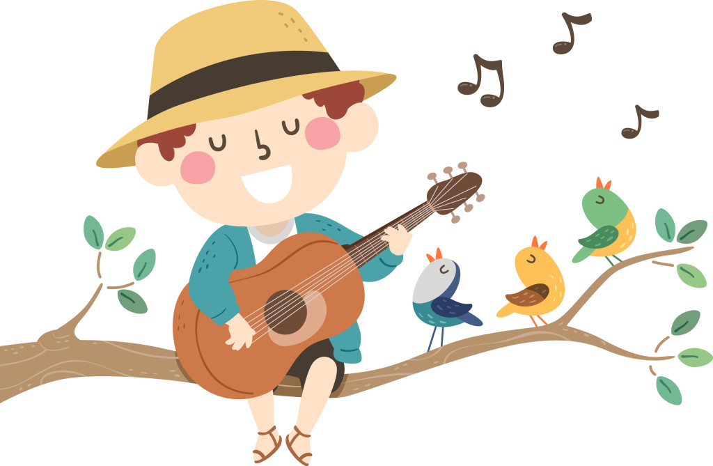 Illustration of a Kid Boy on a Tree Branch Playing the Guitar