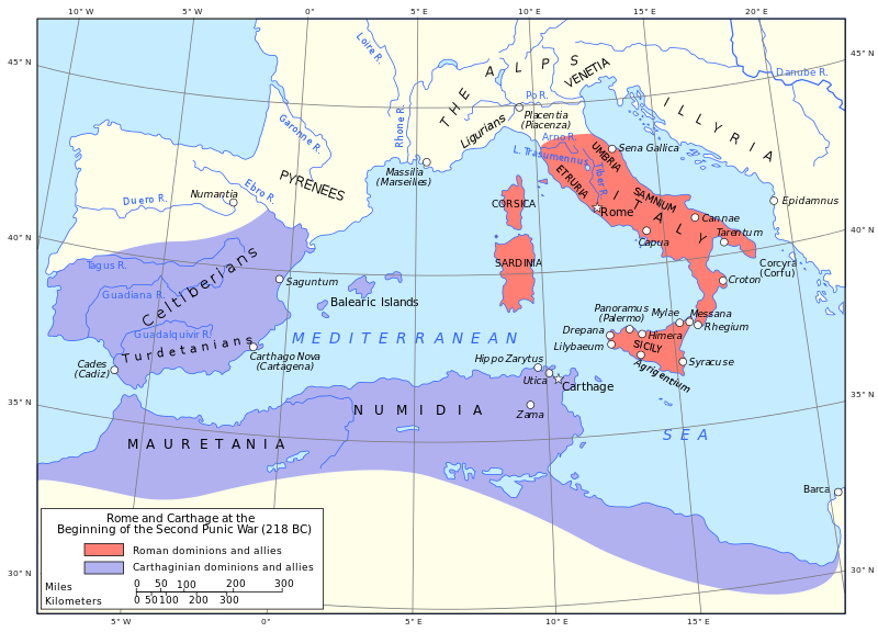 Map of Rome and Carthage at the start of the Second Punic War