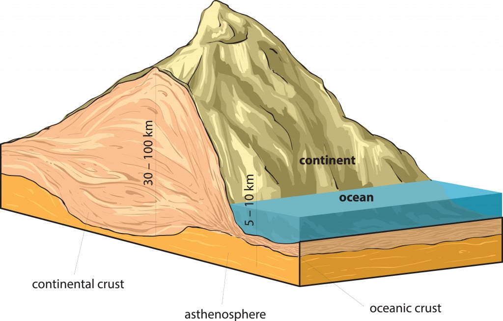 Vector illustration shows continental and oceanic crust