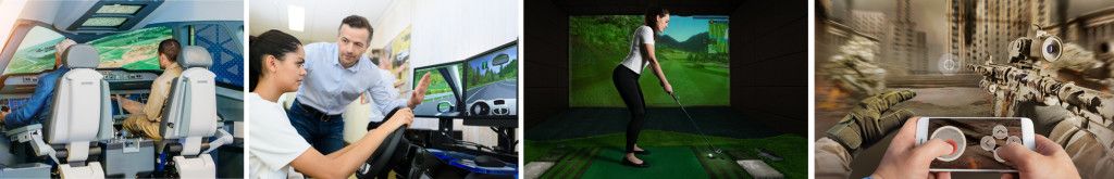 From left to right are images showing simulations of flight training, driving, golf and military special-ops training