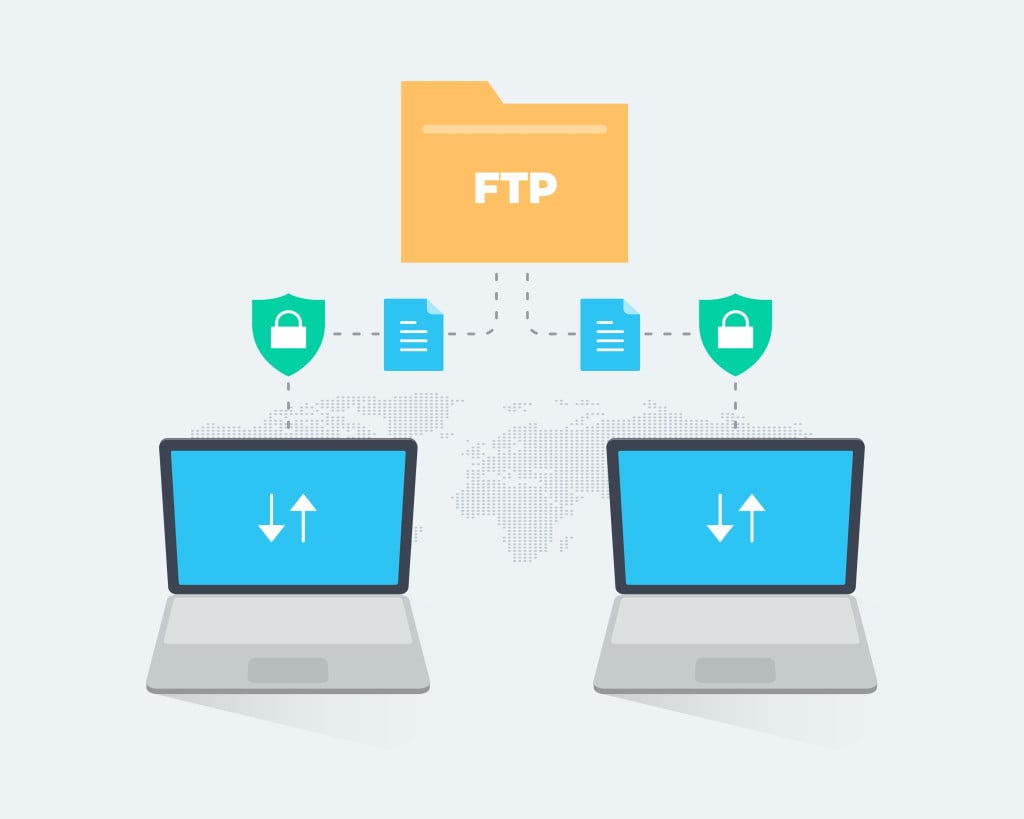 File transfer protocol infographic template with two laptops