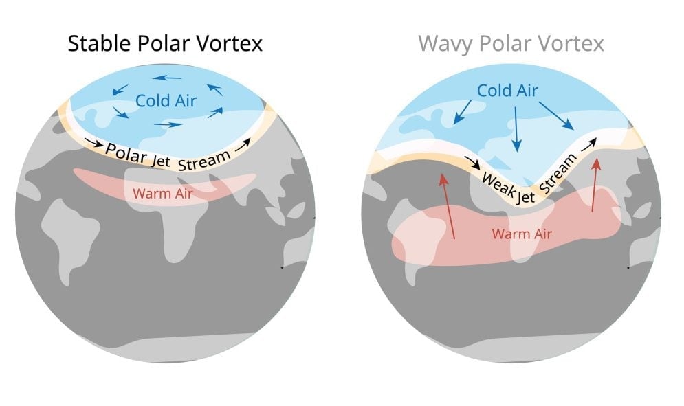The polar vortex is a large area of low pressure and cold air surrounding both of the Earth poles