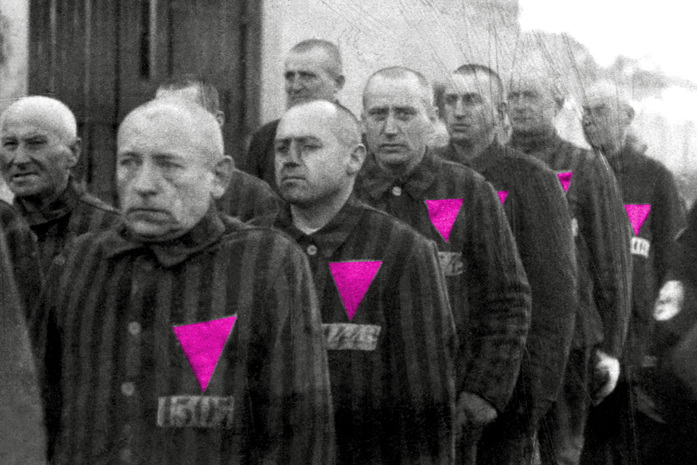 men wearing clothes which have pink triangles on them