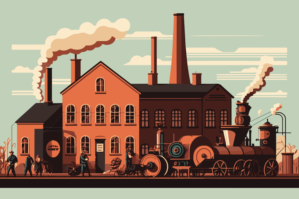 Flat vector illustration of the industrial revolution showing machines