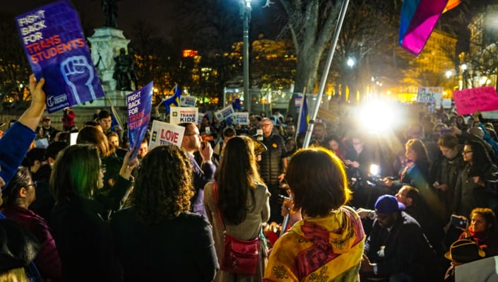 Community leaders, parents, kids, doctors, lawyers, assemble in front of the White House to protest the non-science based policy of segregating LGBTQ children in public schools based on the schools' determination of their gender identity.