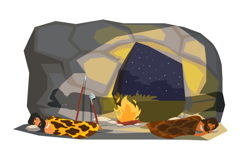 Stone age people sleeping in cave flat vector illustration