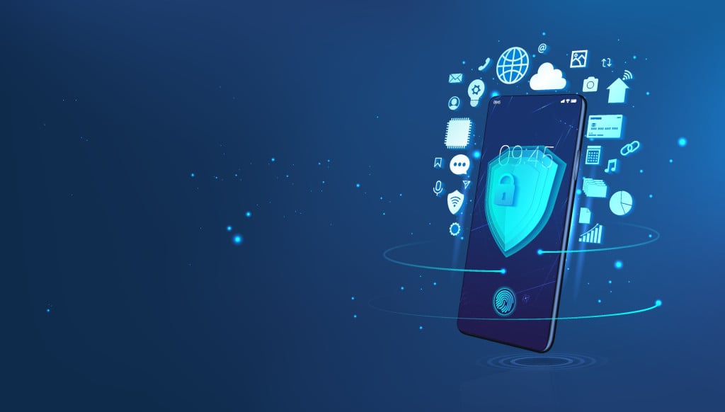 The concept of full protection of the mobile phone from personal data leakage. Secure internet connection, vpn, encryption, anti virus software.