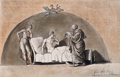 Alexander the Great, demonstrating his trust in Philip, his physician, by drinking a medicinal draught prepared by him after receiving a letter from General Parmenio suggesting that Philip is poisoning him. Coloured pencil drawing by L. Chodowiecka. Physician and patient. Sick. Friendship. Kings and rulers. Beds. Letters. Weapons. Armor. Poisons. Soldiers. Alexander, the Great, 356 B.C.-323 B.C. Philip of Acarnania. Contributors: Ludowica. Chodowiecka. Work ID: f9jjqckx.